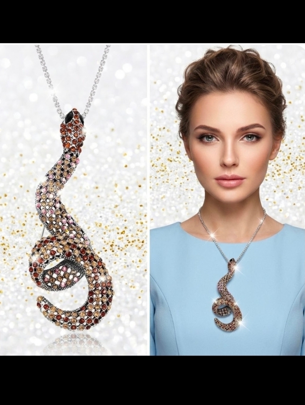 Crystal rhinestone snake pendant necklace/Brooch